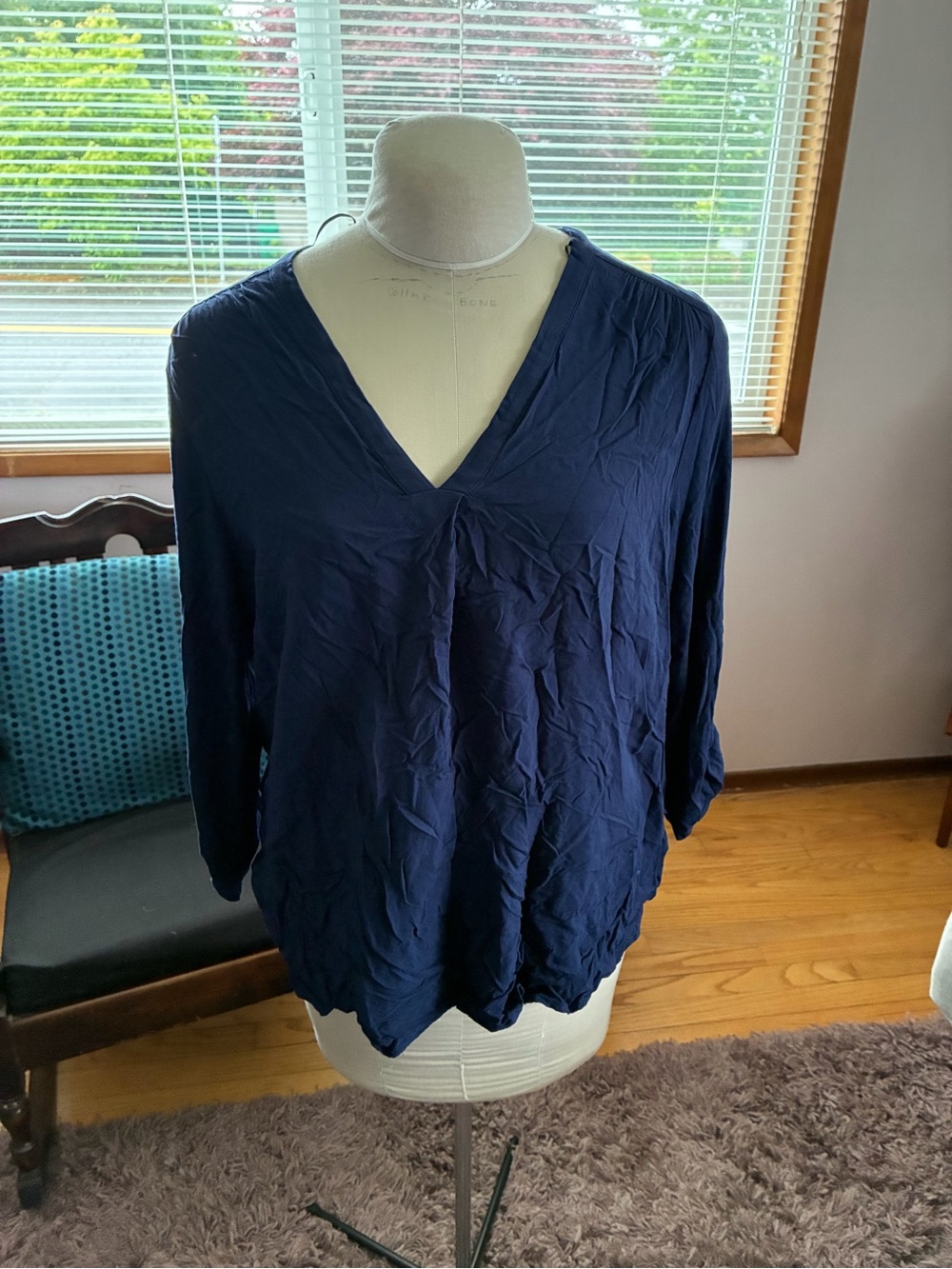 Pleione Navy V-Neck Long Sleeve Blouse